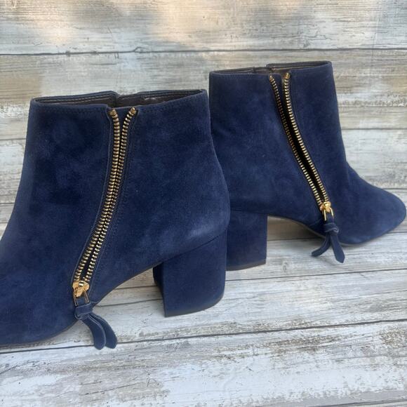 Cole Haan Saylor Grande Bootie Sz 9B Blue Suede Side Zipper Round Tow Block Heel - Picture 7 of 14